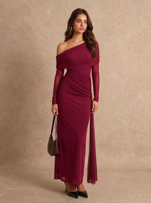 Women's Elegant Wine Red Evening Dress One Shoulder Mesh Long Sleeve Ruched Slim Fit Polyester Maxi Gown For Banquet Party Wedding Guest
