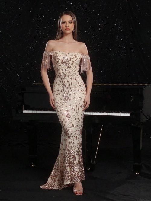 Sexy Off Shoulder Sequin Evening Dress Elegant Rose Gold Tassel Sleeve Mermaid Maxi Dress For Women Party Banquet Wedding Guest Gown