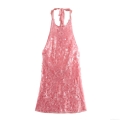 Sexy Pink Sequin Halter Mini Dress For Women Elegant Backless Sleeveless Party Evening Night Club Celebrity Bodycon Wear
