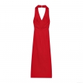 Women's Elegant Red Halter V-Neck Maxi Dress Ruched Slim Fit Side Slit Backless Party Evening Wedding Guest Dress Sleeveless Bodycon Long Dress