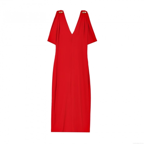 Women's Elegant V-Neck Maxi Dress Polyester Solid Color With Gold Metal Rings Draped Shoulder Formal Party Evening Dress Socialite Style