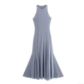 Women Elegant Halter Neck Sleeveless Mesh Mermaid Maxi Dress Slim Fit Solid Color Polyester Evening Party Celebrity Style Formal Long Dress
