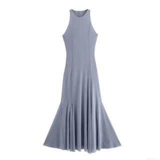 Women Elegant Halter Neck Sleeveless Mesh Mermaid Maxi Dress Slim Fit Solid Color Polyester Evening Party Celebrity Style Formal Long Dress