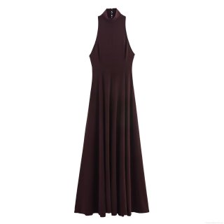 Elegant Halter Neck Backless Maxi Dress Knitted Slim Fit Evening Party Long Dress For Women Sexy Solid Reddish Brown Prom Ball Gown