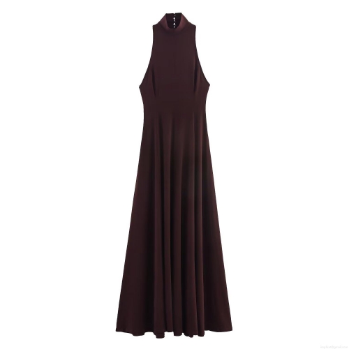 Elegant Halter Neck Backless Maxi Dress Knitted Slim Fit Evening Party Long Dress For Women Sexy Solid Reddish Brown Prom Ball Gown