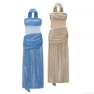 Women's Sequined Halter Maxi Dress Elegant Cutout Waist Backless Evening Party Gown Celebrity Style Sleeveless Bodycon Long Dress