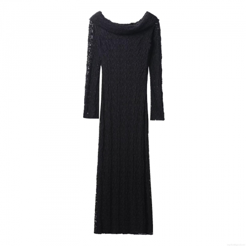 Women Elegant Black Lace Hollow Out Embroidery Off Shoulder Long Sleeve Midi Dress Vacation Party Sexy Slim Fit Long Dresses