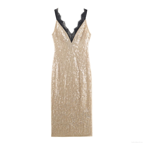 Women's Elegant Deep V Neck Sequin Cami Dress Sexy Black Lace Patchwork Champagne Gold Sleeveless Maxi Party Evening Gown Prom Luxury Vestido