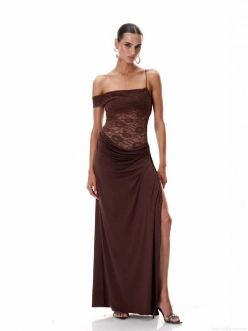 Sexy One Shoulder Maxi Dress Lace Patchwork Hollow Out High Split Evening Party Gown For Women Elegant Banquet Bodycon Dress