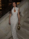 Women's Elegant Lace Maxi Dress Sleeveless Hollow Out High Neck Bodycon Fishtail Evening Party Gown Sexy Sleeveless Formal Prom Long Dress for Women