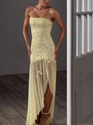 Women's Strapless Sequin Evening Gown Sexy Ruffle High Slit Maxi Dress Elegant Bodycon Party Wedding Guest Prom Dress Polyester Mesh Sequin Long Dress