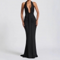 Women Sexy Halter V-Neck Maxi Dress Elegant Backless Ruched Pleated Bodycon Evening Party Wedding Guest Dress Summer Sleeveless Polyester Floor Length Mermaid Gown