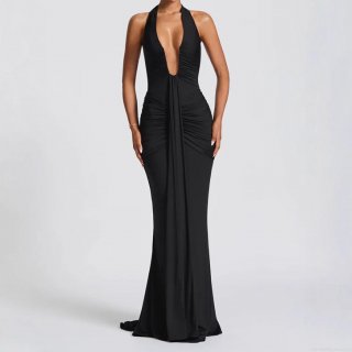 Women Sexy Halter V-Neck Maxi Dress Elegant Backless Ruched Pleated Bodycon Evening Party Wedding Guest Dress Summer Sleeveless Polyester Floor Length Mermaid Gown