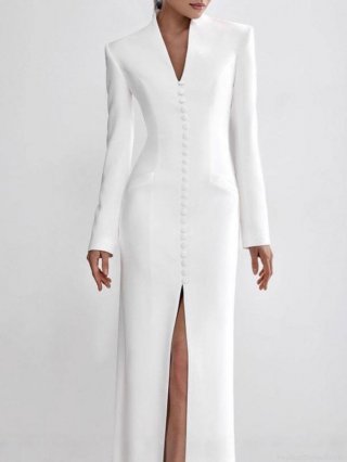 Women's Elegant Deep V-Neck Long Sleeve Solid Color Button Front High Slit Slim Fit Party Evening Maxi Dress Polyester Blend Formal Bodycon Gown For Wedding Banquet