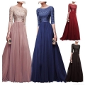 Women's Elegant Lace Patchwork Evening Dress Round Neck Three-Quarter Sleeve Chiffon Mesh Pleated Maxi Gown For Party Banquet Wedding Formal Solid Color Long Dress
