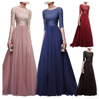 Women's Elegant Lace Patchwork Evening Dress Round Neck Three-Quarter Sleeve Chiffon Mesh Pleated Maxi Gown For Party Banquet Wedding Formal Solid Color Long Dress