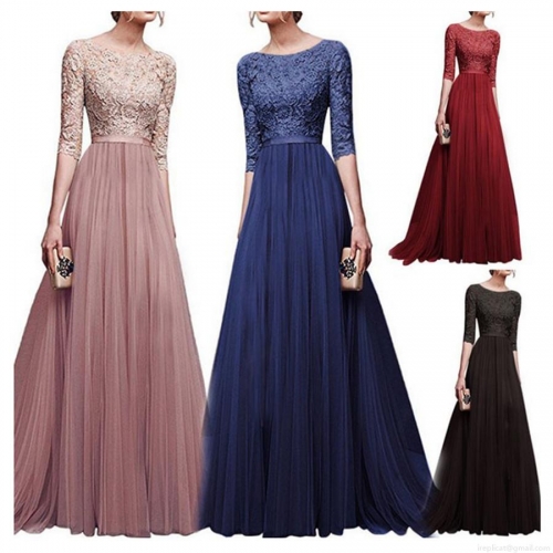 Women's Elegant Lace Patchwork Evening Dress Round Neck Three-Quarter Sleeve Chiffon Mesh Pleated Maxi Gown For Party Banquet Wedding Formal Solid Color Long Dress