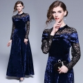 Elegant Women Velvet Lace Patchwork Maxi Dress Vintage Slim Fit Long Sleeve Evening Party Dress Navy Blue Formal Gown
