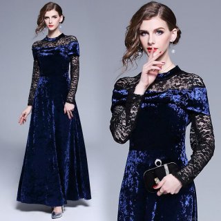 Elegant Women Velvet Lace Patchwork Maxi Dress Vintage Slim Fit Long Sleeve Evening Party Dress Navy Blue Formal Gown