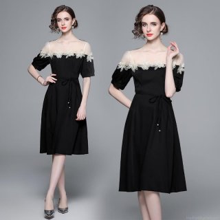 Women's Elegant French Black Midi Dress Mesh Splicing Lace 3D Floral Applique Short Puff Sleeve High Waist A-Line Swing Party Dress