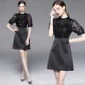 Women's Elegant Black Patchwork Lace Satin Dress Heavy Industry Beaded Sequin Short Puff Sleeve Stand Collar Slim A-Line Midi Dress For Party Banquet Wedding