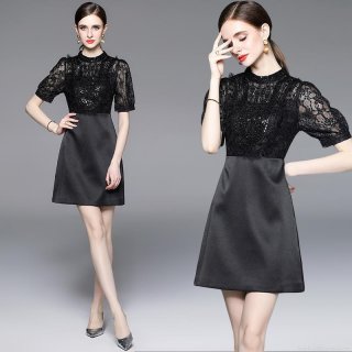 Women's Elegant Black Patchwork Lace Satin Dress Heavy Industry Beaded Sequin Short Puff Sleeve Stand Collar Slim A-Line Midi Dress For Party Banquet Wedding