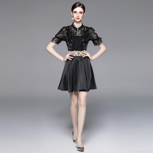 Elegant Women Black Lace Satin Patchwork Dress Luxury Beading Sequin Stand Collar Short Lantern Sleeve High Waist A-Line Midi Dress For Wedding Party Evening
