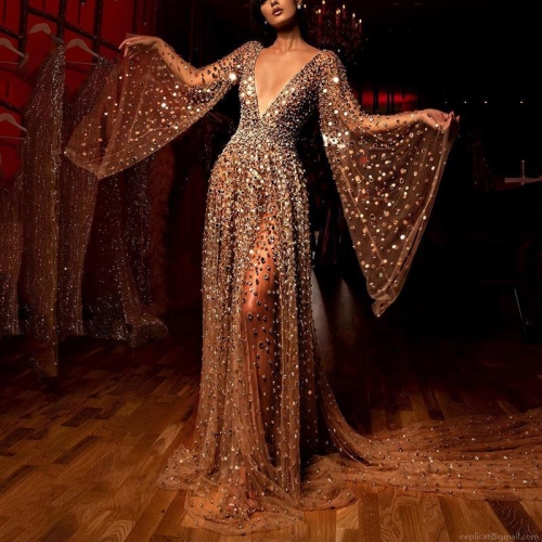 Women Sexy Deep V Neck Long Sleeve Sequin Maxi Dress Elegant Flare Sleeve Mesh See-through Floor Length Evening Gown For Wedding Party Gala