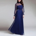 Elegant Women's Navy Blue Pleated Evening Maxi Dress High Neck Long Lantern Mesh Sleeves Beads Decoration Formal Party Gala Gown