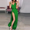 Women Sexy V Neck Split Satin Maxi Dress Elegant Floor Length Spaghetti Strap Evening Gown For Wedding Party Prom Formal Occasion Sleeveless Backless Solid Color Silky Long Dress