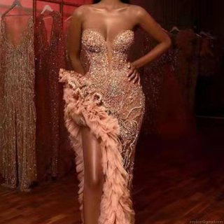 Elegant Women's Sequin Strapless Evening Gown With Feather Hem High Slit Rose Gold Bodycon Maxi Dress For Wedding Party Gala Night