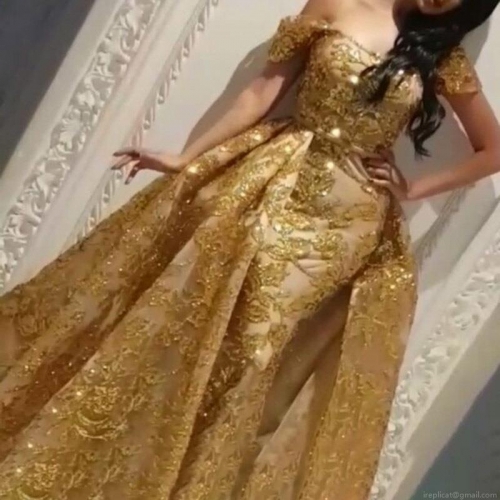 Luxury Gold Sequin Embroidery Evening Gown For Women Vintage Off Shoulder Lace Mesh Banquet Party Dress Elegant Floor Length Formal Dress