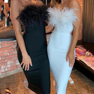 Elegant Bodycon Evening Dress With Feather Strapless Tube Top Mid-Length Polyester Slim Fit Party Wedding Gown For Women