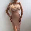 Women Elegant Feather Strapless Midi Dress Satin Slim Fit High Slit Evening Party Gown For Weddings Banquets Ladies Formal Dress