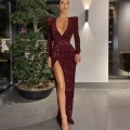 Women's Sexy Deep V Neck Sequin Evening Gown Long Sleeve High Slit Slim Fit Maxi Party Dress Elegant Cocktail Banquet Night Club Long Dress