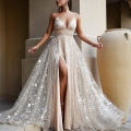 Women's Elegant Champagne Sequin Maxi Dress Sexy Deep V Neck Cami High Slit Star Tulle Evening Gown Floor Length Party Wedding Dress