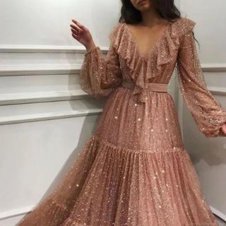 Women's Sexy V-Neck Sequined Evening Gown Elegant Ruffle Tiered Maxi Dress For Wedding Party Luxury Mesh Long Sleeve Banquet Dress