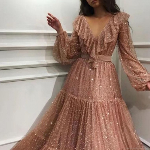 Women's Sexy V-Neck Sequined Evening Gown Elegant Ruffle Tiered Maxi Dress For Wedding Party Luxury Mesh Long Sleeve Banquet Dress