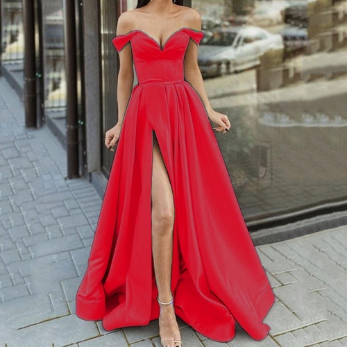 Women Elegant Off Shoulder V Neck Sequin Satin Evening Dress High Split Backless Floor Length Party Gown Sexy Sleeveless Maxi Dress for Wedding Banquet