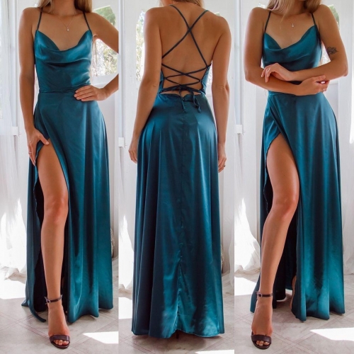 Elegant Women Satin Cowl Neck Maxi Dress Sexy Backless Crisscross Evening Party Wedding Prom Dress With High Slit Slim Fit Sleeveless Long Dress