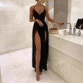 Women's Sexy Deep V-Neck Halter Backless Maxi Dress High Slit Sequin Evening Party Gown Elegant Floor Length Sleeveless Bodycon Dress for Banquet Wedding