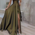 Elegant One-Shoulder Satin Maxi Dress Women Sexy High Slit Pleated Waist Evening Party Gown Solid Color Sleeveless Bodycon Dress for Formal Wedding Bridesmaid