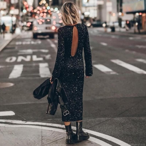 Women Sexy Backless Sequin Long Sleeve Dress Sparkly Round Neck Slim Fit Evening Party Maxi Gown Elegant Street Style Clubwear Ladies Dresses