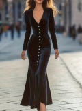 Women Elegant Black Velvet Long Sleeve Maxi Dress Deep V-Neck Pearl Button Mermaid Evening Party Dress High Waist Split Bodycon Slim Fit Gown