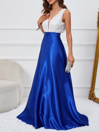Elegant V-Neck Sleeveless Sequin Patchwork Maxi Dress Sexy Backless Satin A-Line Evening Party Gown For Women