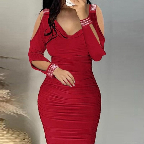 Women Sexy Red Ruched Bodycon Mini Dress Elegant Off Shoulder Cutout Long Sleeve With Rhinestone Accents For Cocktail Party Club Night Out Ladies