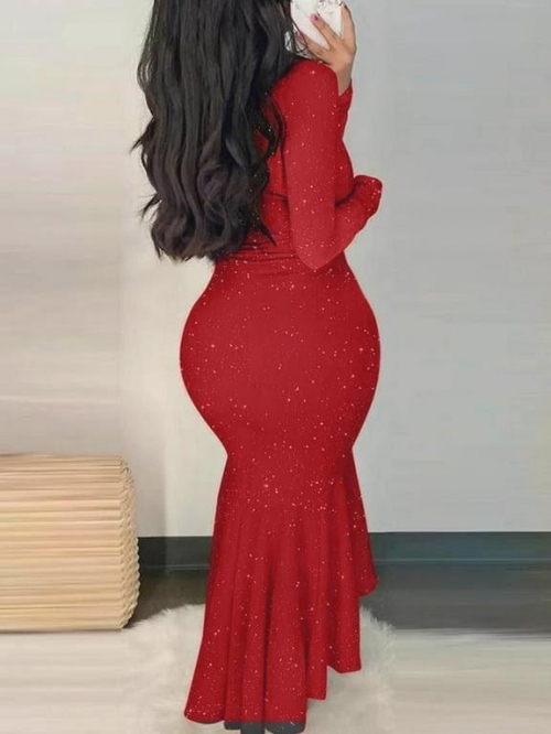 Women Deep V-Neck Long Sleeve Sequin Dress Sexy Slim Fit Irregular Hem Ruffle Bodycon Maxi Gown for Evening Party Wedding Banquet Elegant Red Sparkly Clothing