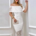 Women's Elegant Lace Polyester Off-shoulder Fishtail Dress Sexy Bodycon Evening Party Gown White Light Blue Black Midi Dress For Women