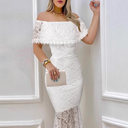 Women's Elegant Lace Polyester Off-shoulder Fishtail Dress Sexy Bodycon Evening Party Gown White Light Blue Black Midi Dress For Women