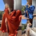 Elegant Women One Shoulder Satin Maxi Evening Dress Sexy High Slit Formal Gown Sleeveless Solid Color Luxury Prom Dress For Wedding Party Guest
